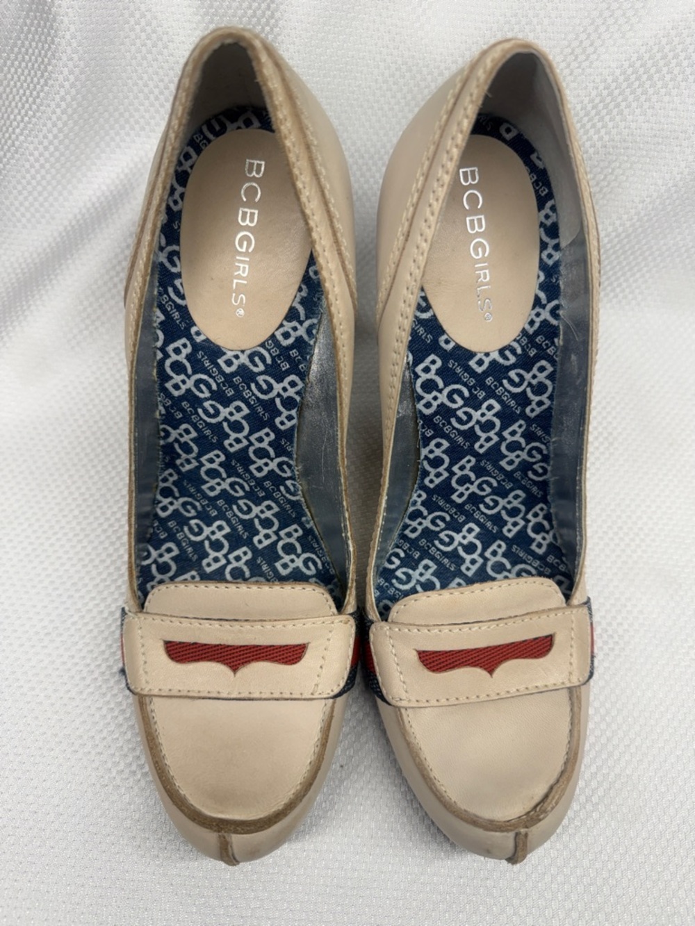 BCBGirls Cream Leather Loafers with Red Accent - Size 7.5